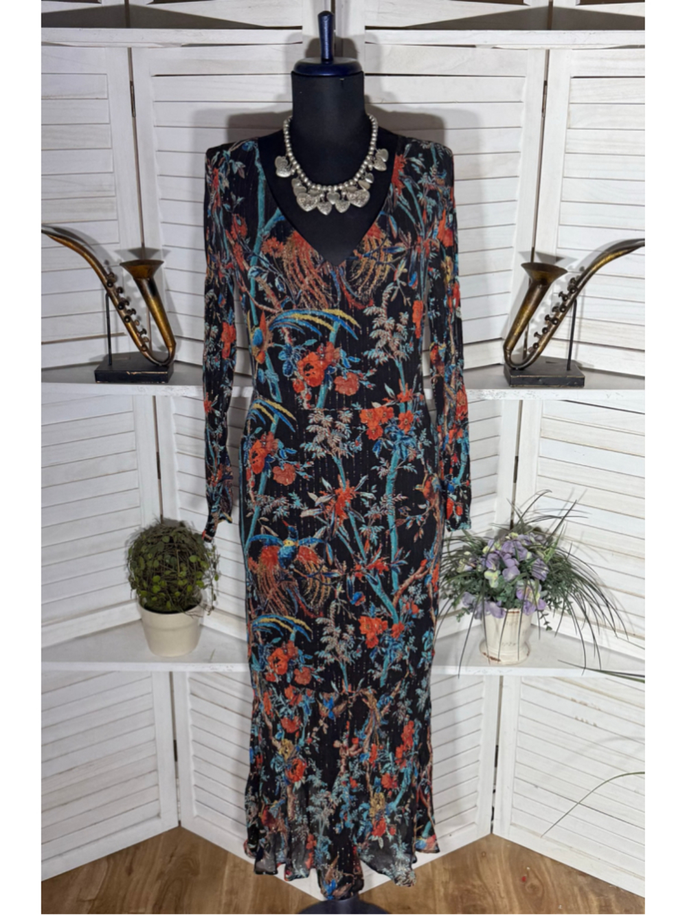 Club monaco dress floral silk boho whimsigoth fairy festival cold shoulder sz 4